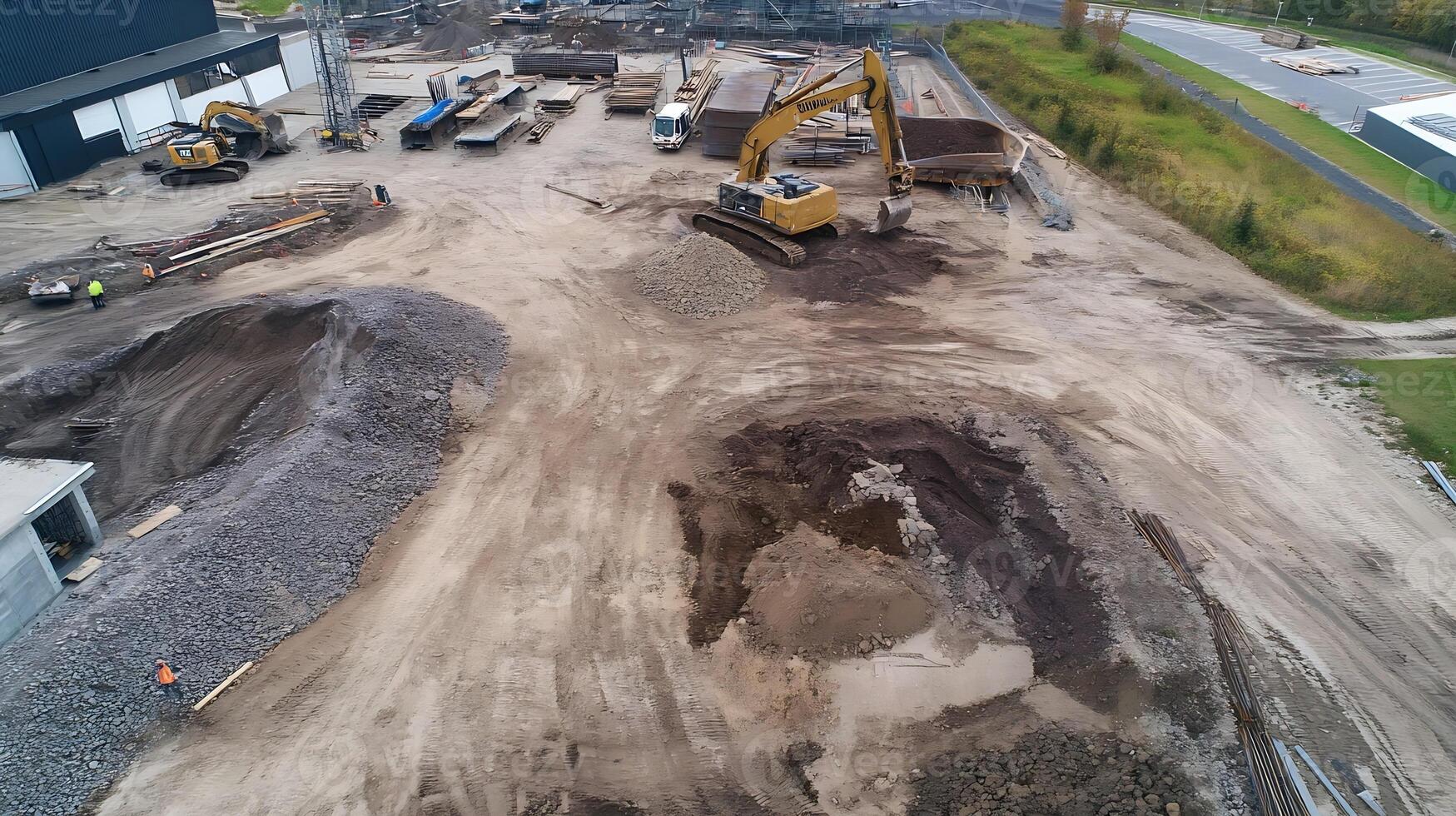Spacious Construction Site with Excavators Preparing Groundwork for New Building photo