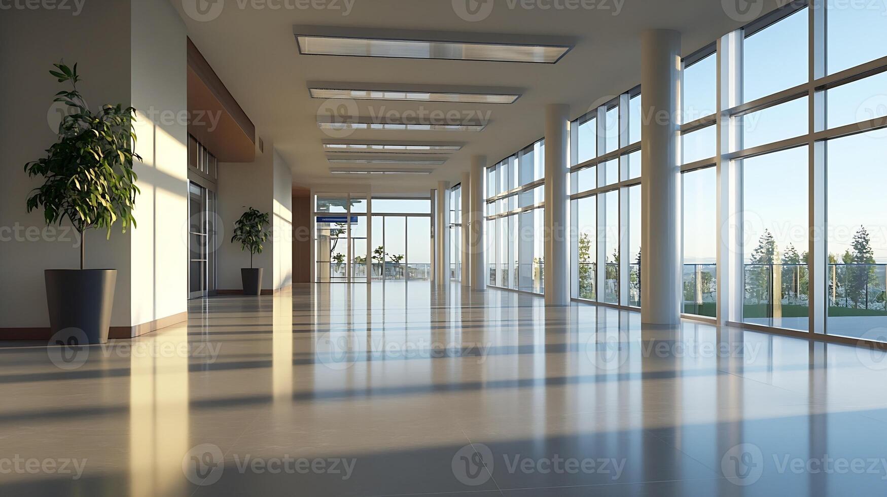 Spacious Office Hallway with Floor-to-Ceiling Windows and Abundant Natural Light Offering a Panoramic View photo