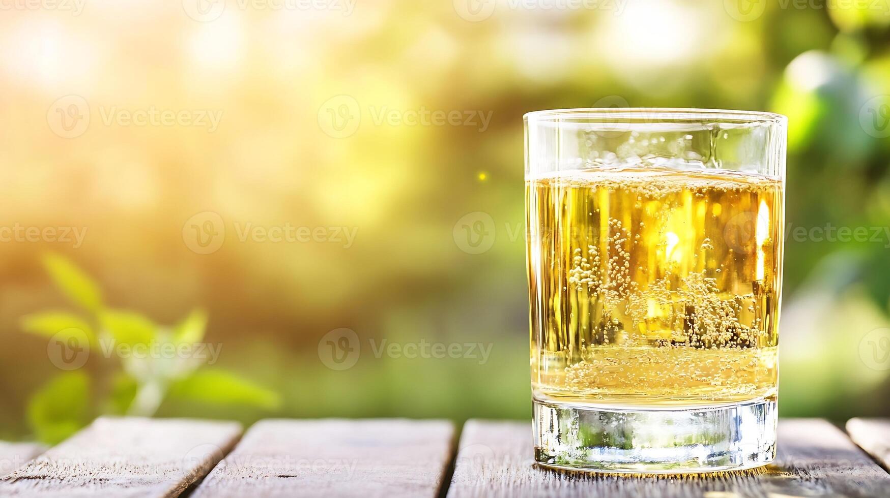 Refreshing apple juice on rustic table with sunny garden background photo