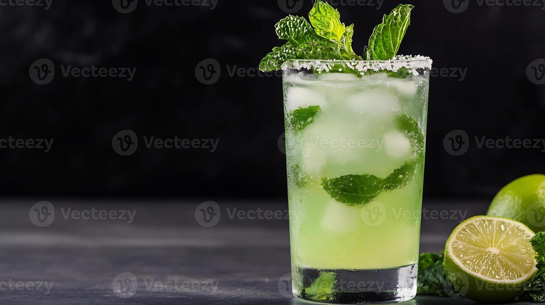 Refreshing mojito cocktail with lime and mint on a dark background photo