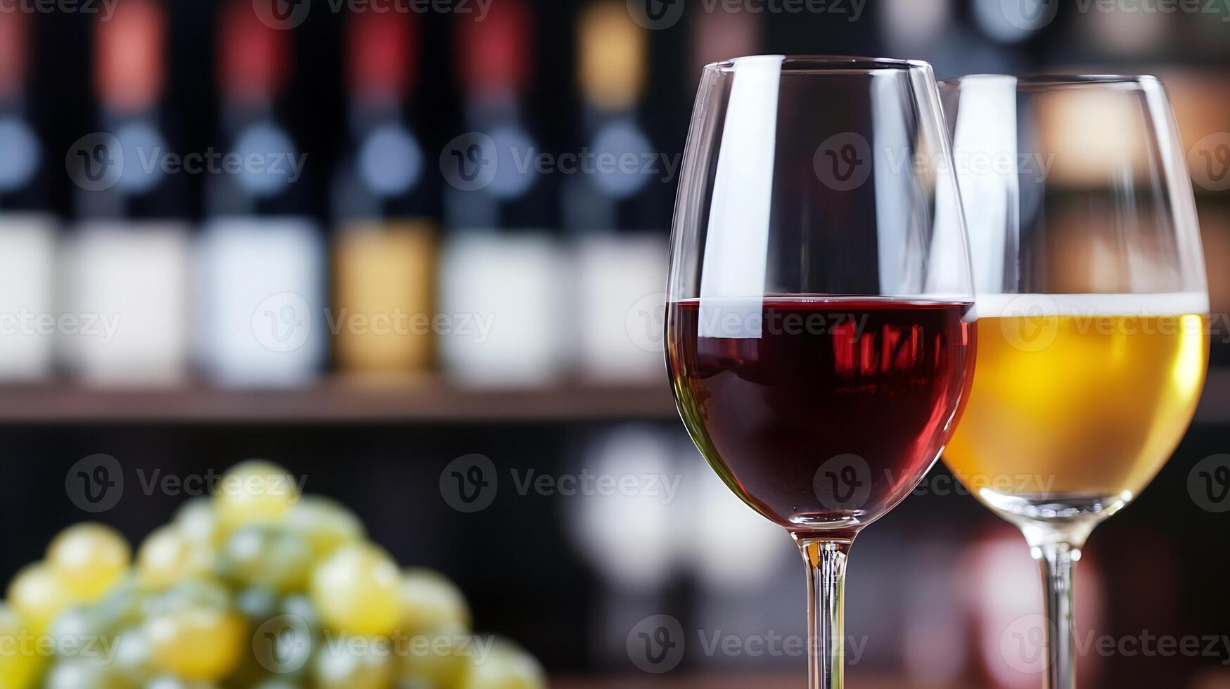 Elegant Display of Red and White Wine Glasses in Cellar Setting photo