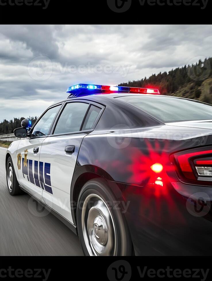 Motion Shot of Police Car with Flashing Lights on Highway for Emergency Vehicle Concept photo