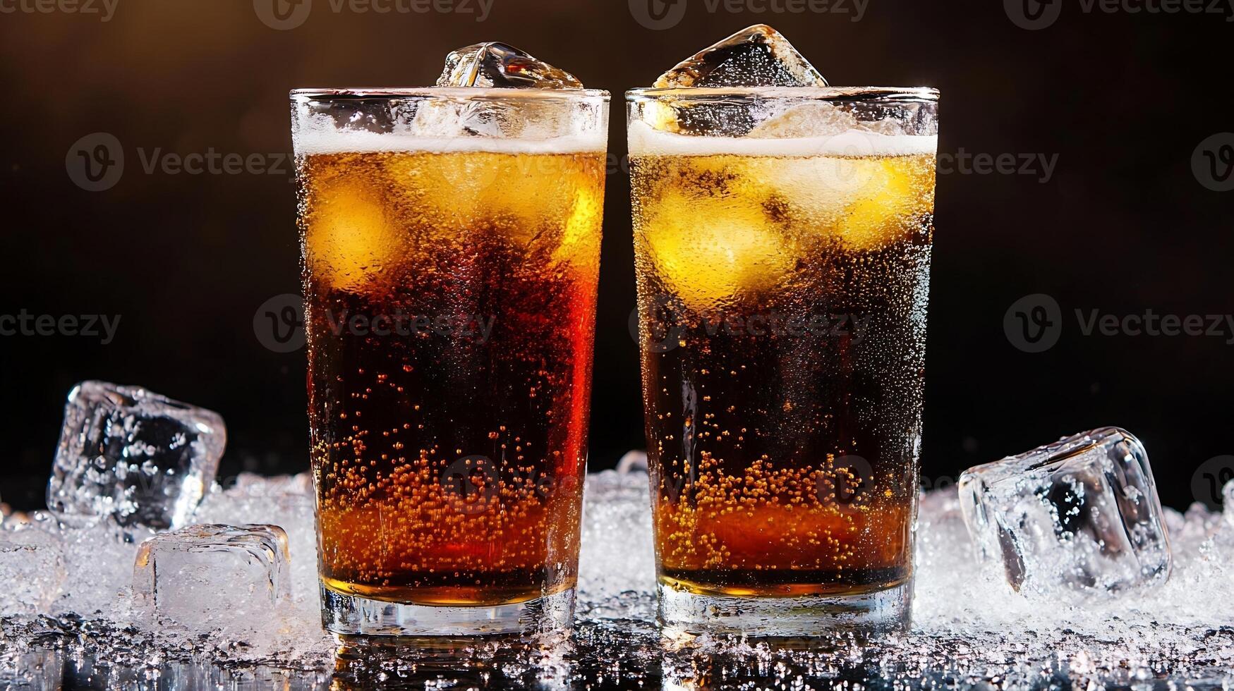 Two Refreshing Glasses of Cold Soda with Ice and Bubbles on Dark Background photo