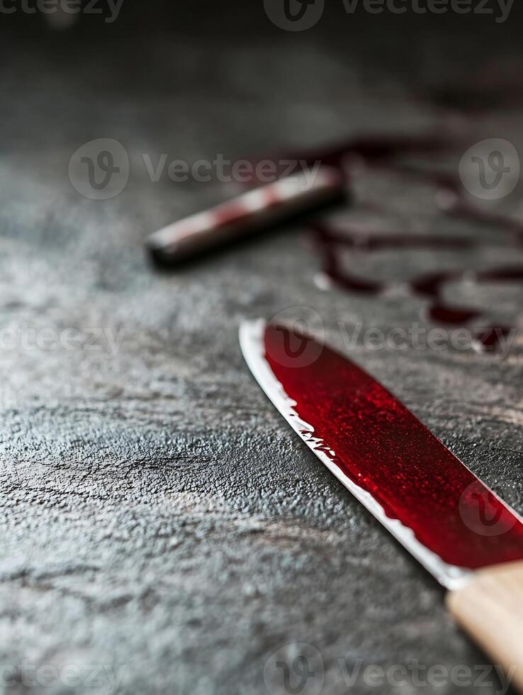 Mystery and Suspense with Knife in Artistic Still Life with Red Stains photo