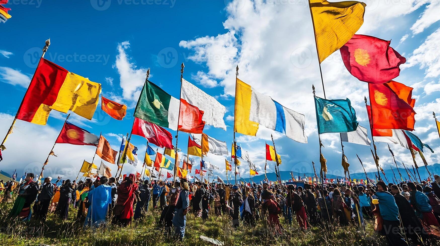 Vibrant Traditional Celebration with Colorful Flags Waving in the Wind Against a Bright Blue Sky photo
