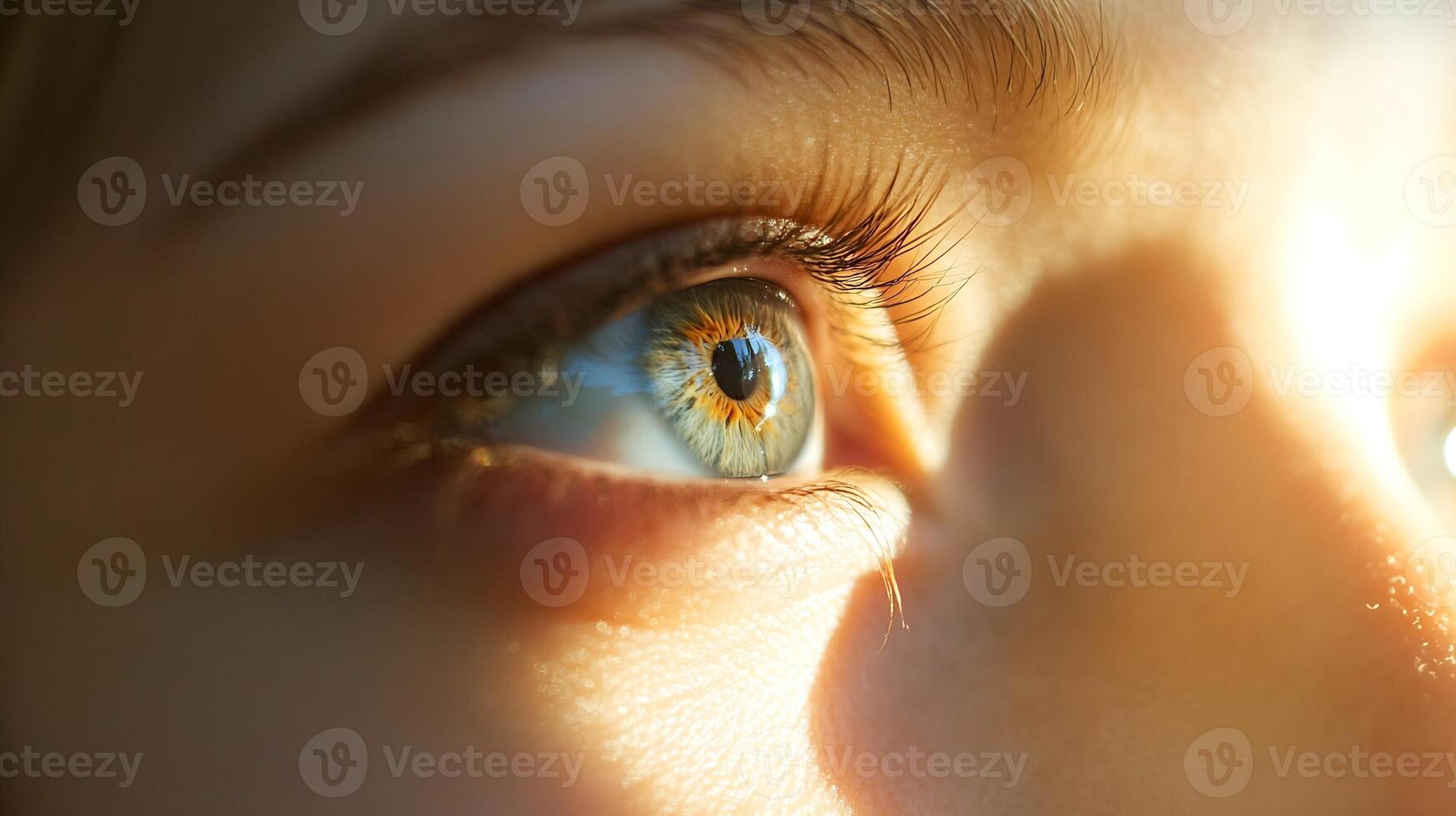 Close-Up of a Bright and Expressive Human Eye with Sunlight Reflection photo