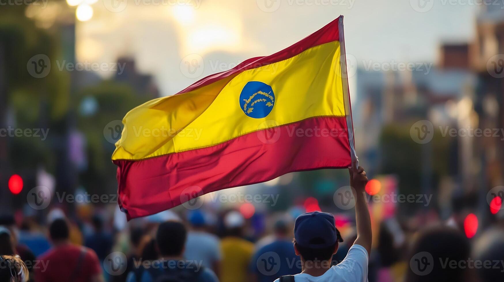 Vibrant Venezuelan Flag Waving in a Street Demonstration for Social Unity and Change photo