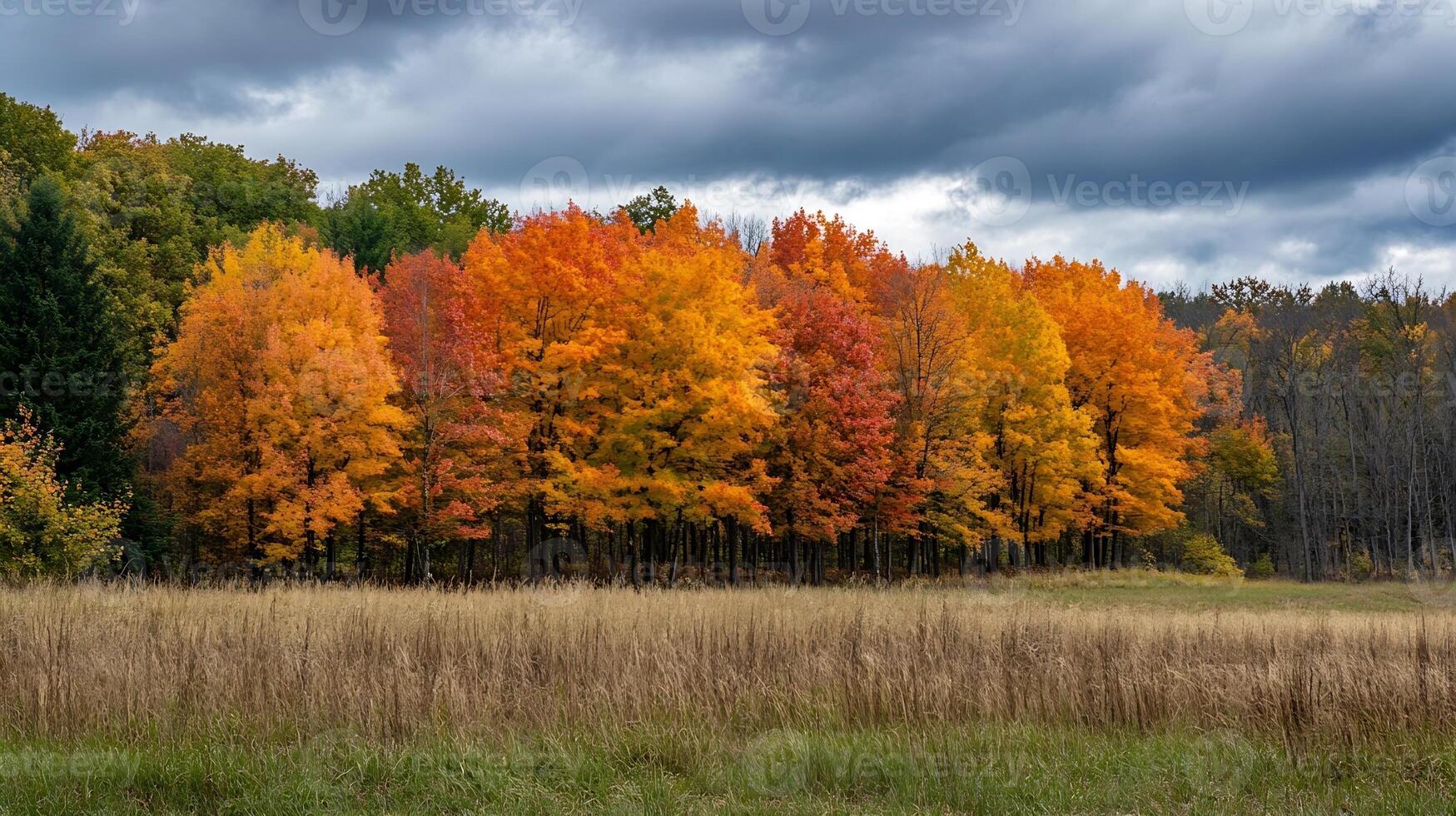 Vivid Orange Autumn Trees Lined Under Cloudy Sky in Open Field photo