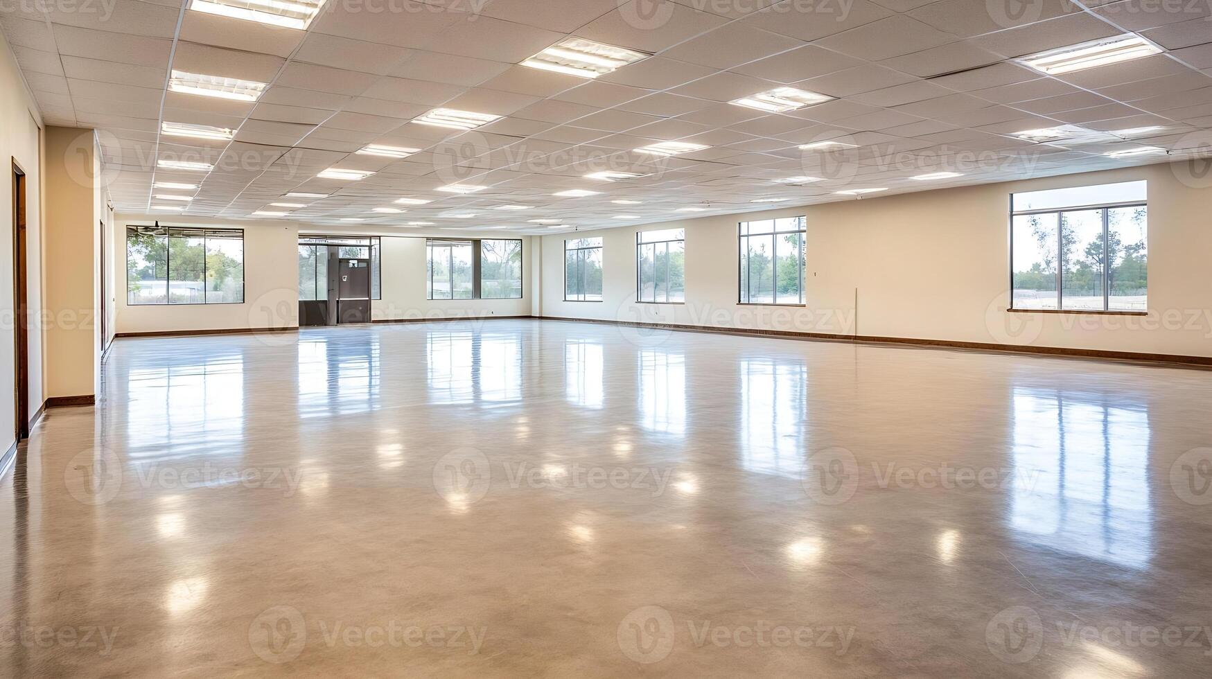 Spacious and Bright Empty Office Space with Large Windows and Industrial Style Lighting photo