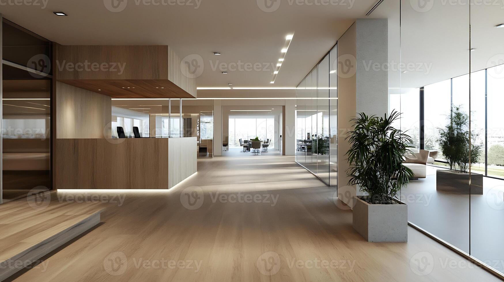 Modern Office Lobby with Reception Desk and Open Meeting Spaces Featuring Glass Partitions photo