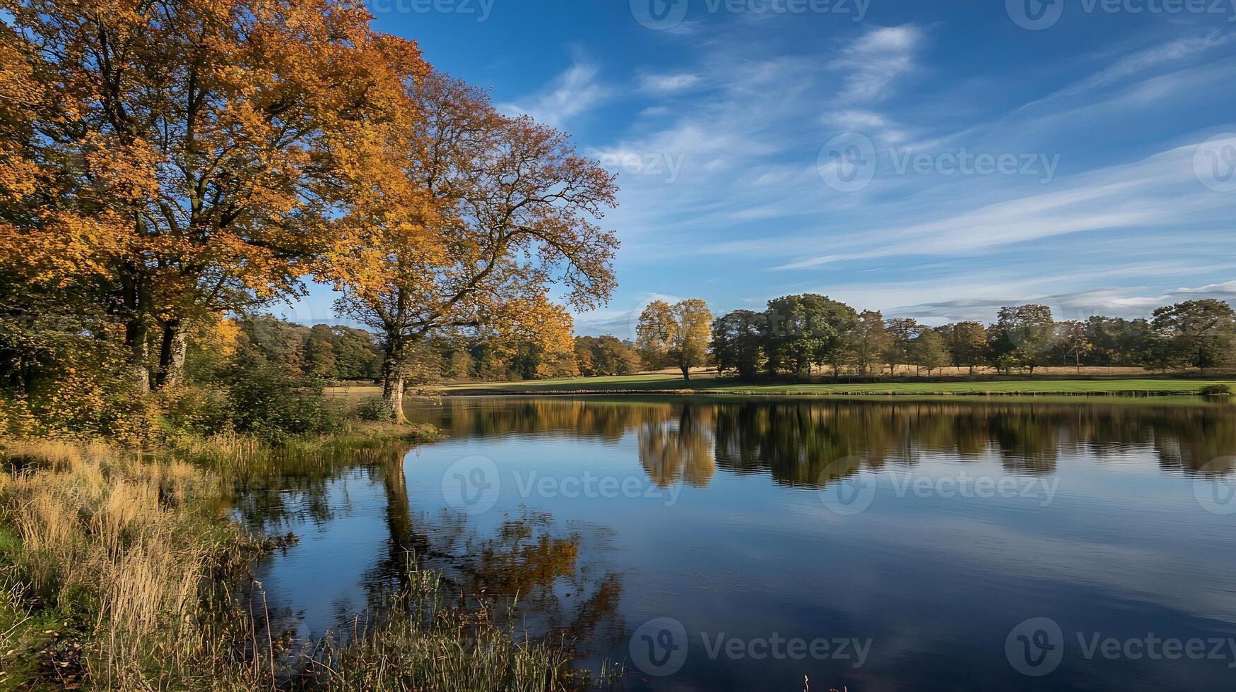 Reflections of Golden Autumn Trees in a Tranquil Lake Under a Clear Blue Sky photo