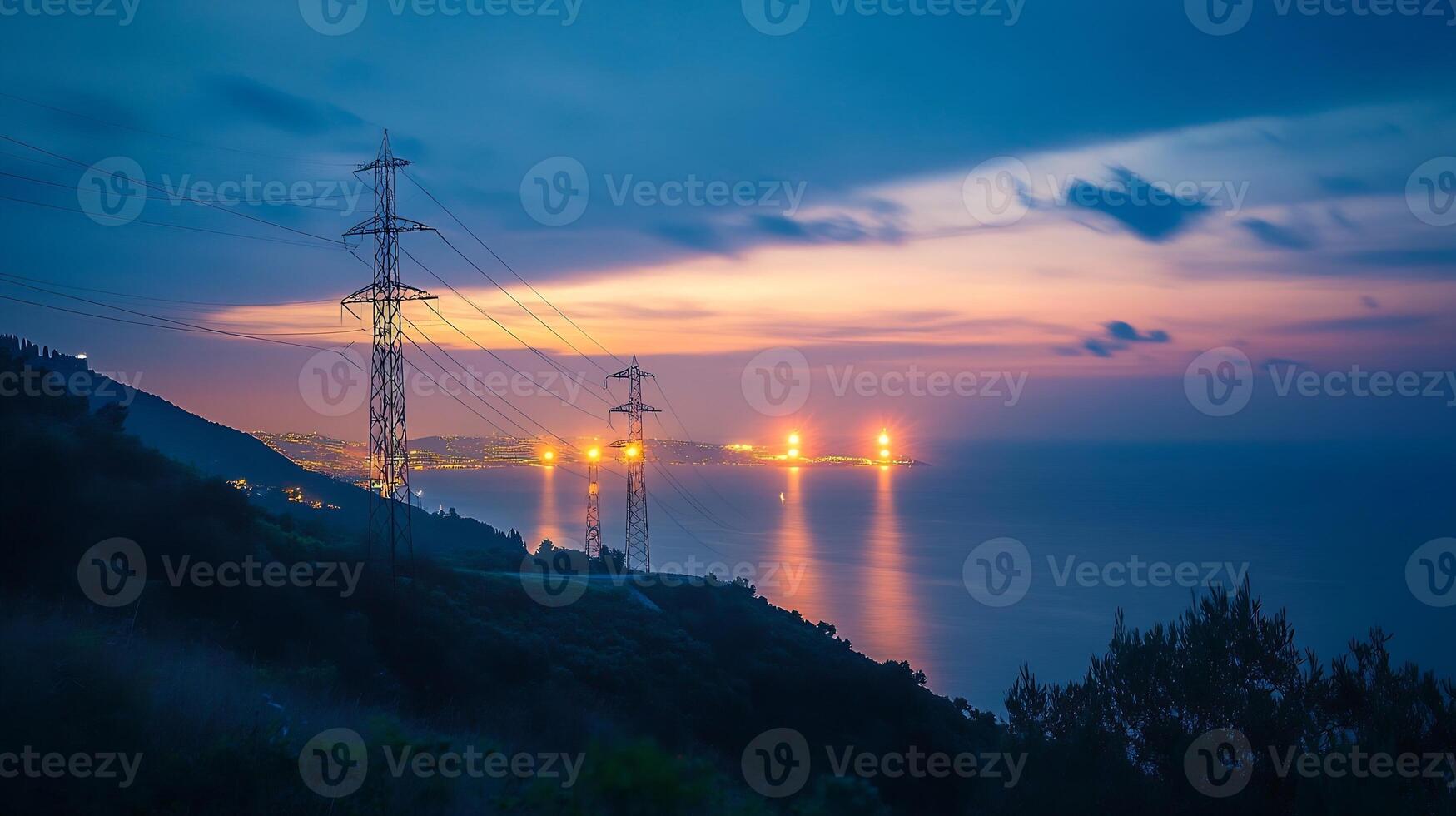 Picturesque Coastal Power Lines at Dusk over Calm Ocean View photo