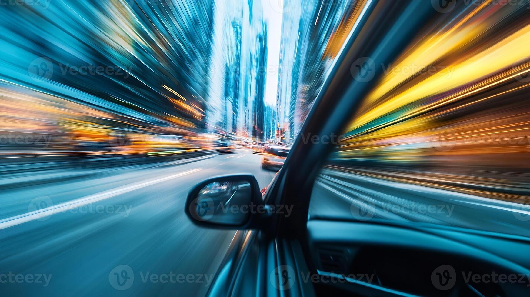 Dynamic Motion Blur Urban Cityscape Captured from Fast Moving Car Window photo