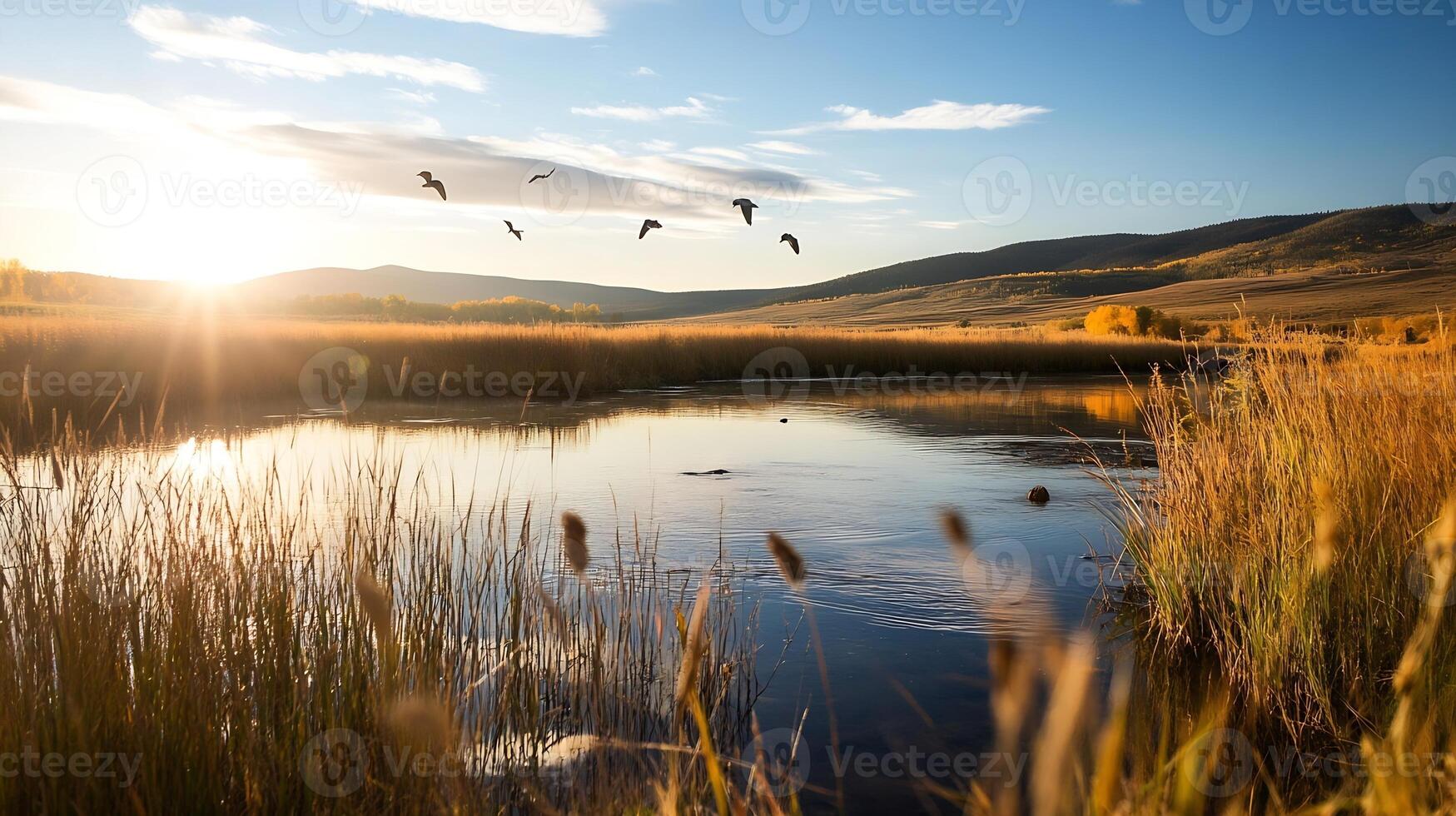 Serene Nature Scene with Birds Flying Over a Tranquil Lake at Sunset photo