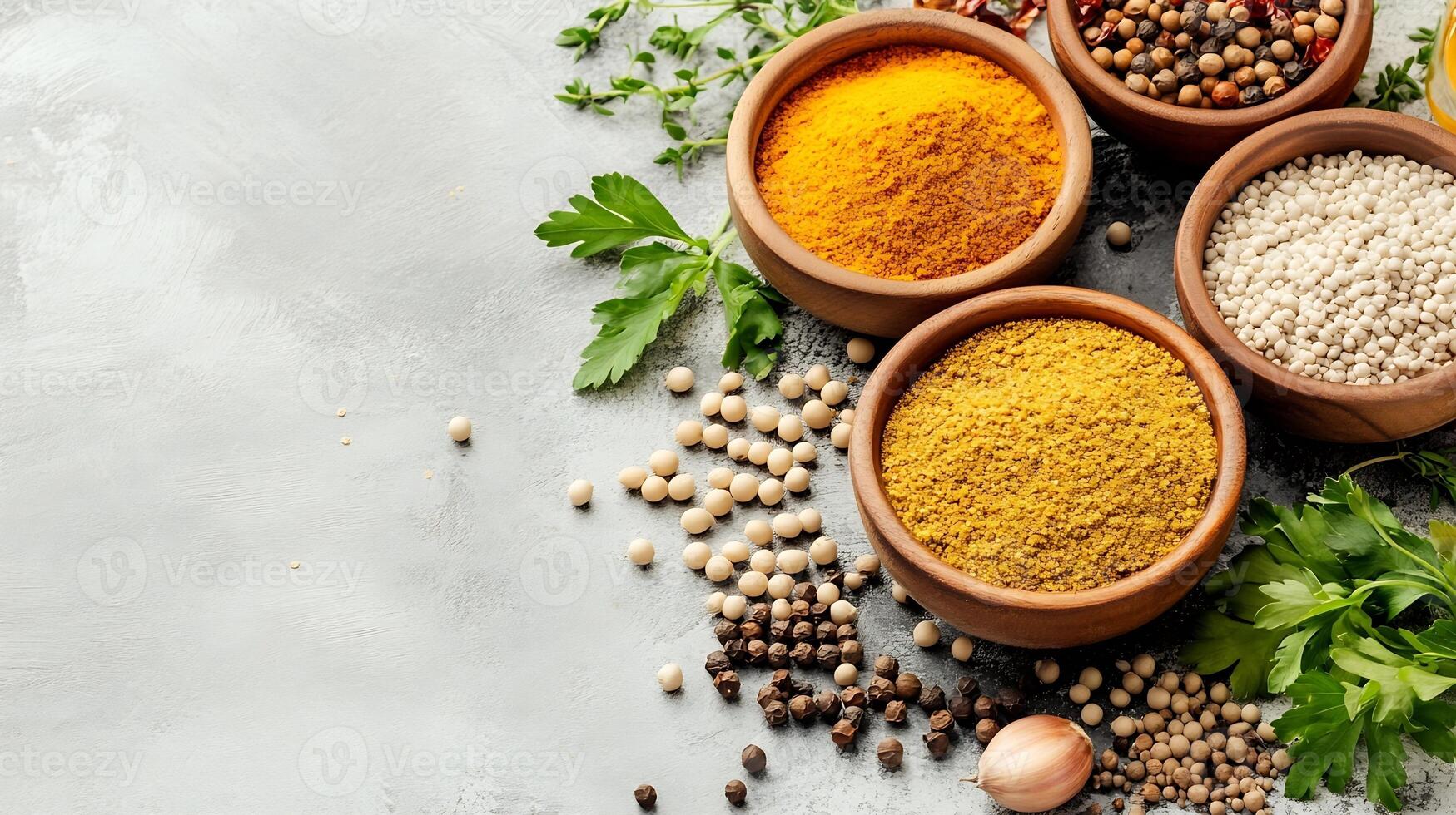 Assorted Colorful Spices in Wooden Bowls with Fresh Herbs on Stone Background photo