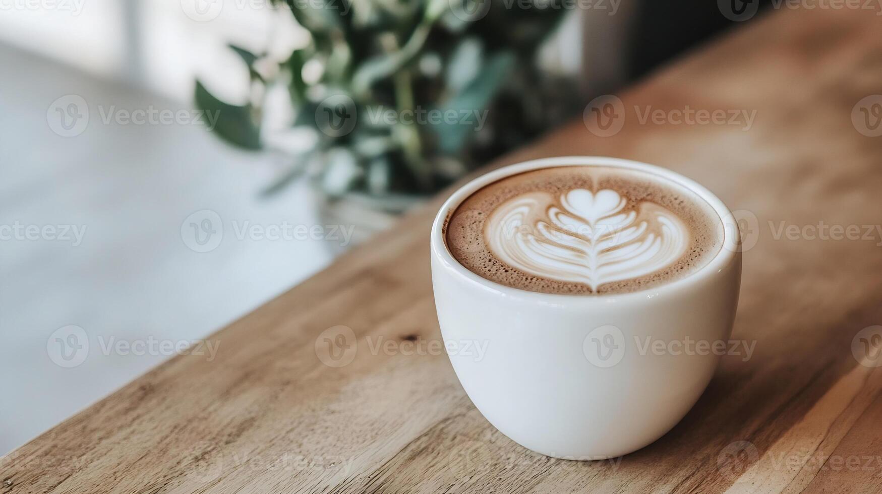 Artisan Cafe Latte with Beautiful Heart Latte Art on Wooden Surface photo