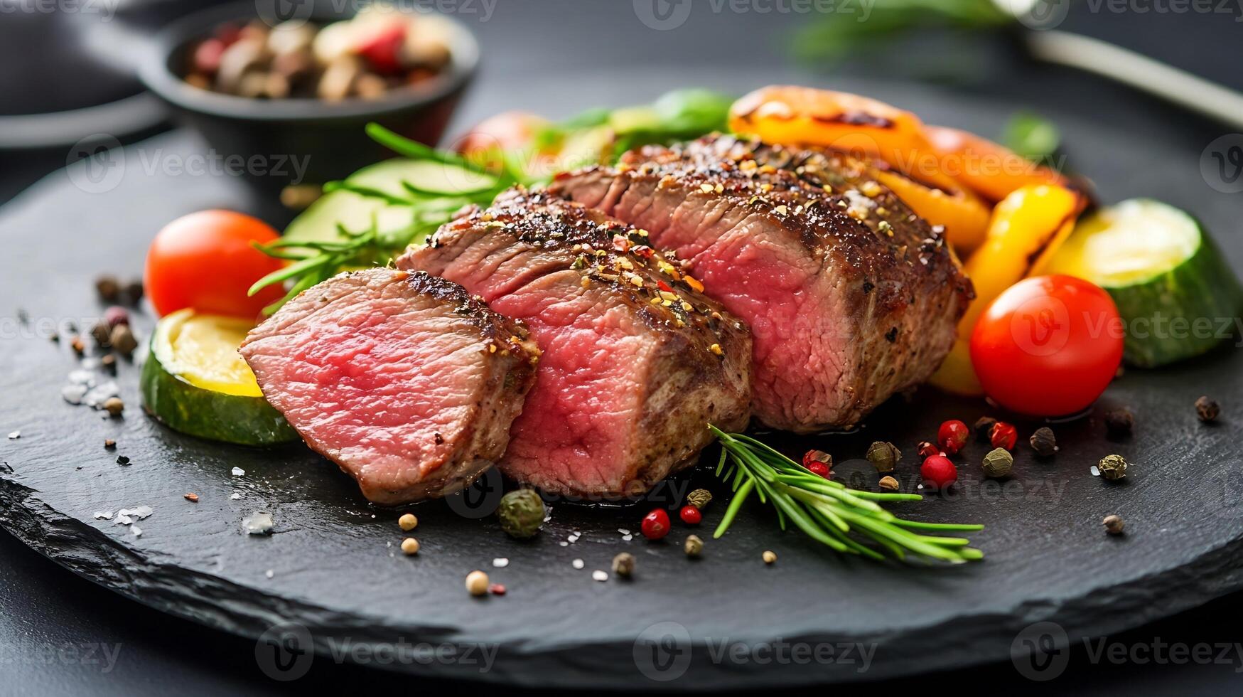 Perfectly Grilled Beef Steak with Roasted Vegetables Served on Elegant Slate Plate and Peppercorn Garnish photo