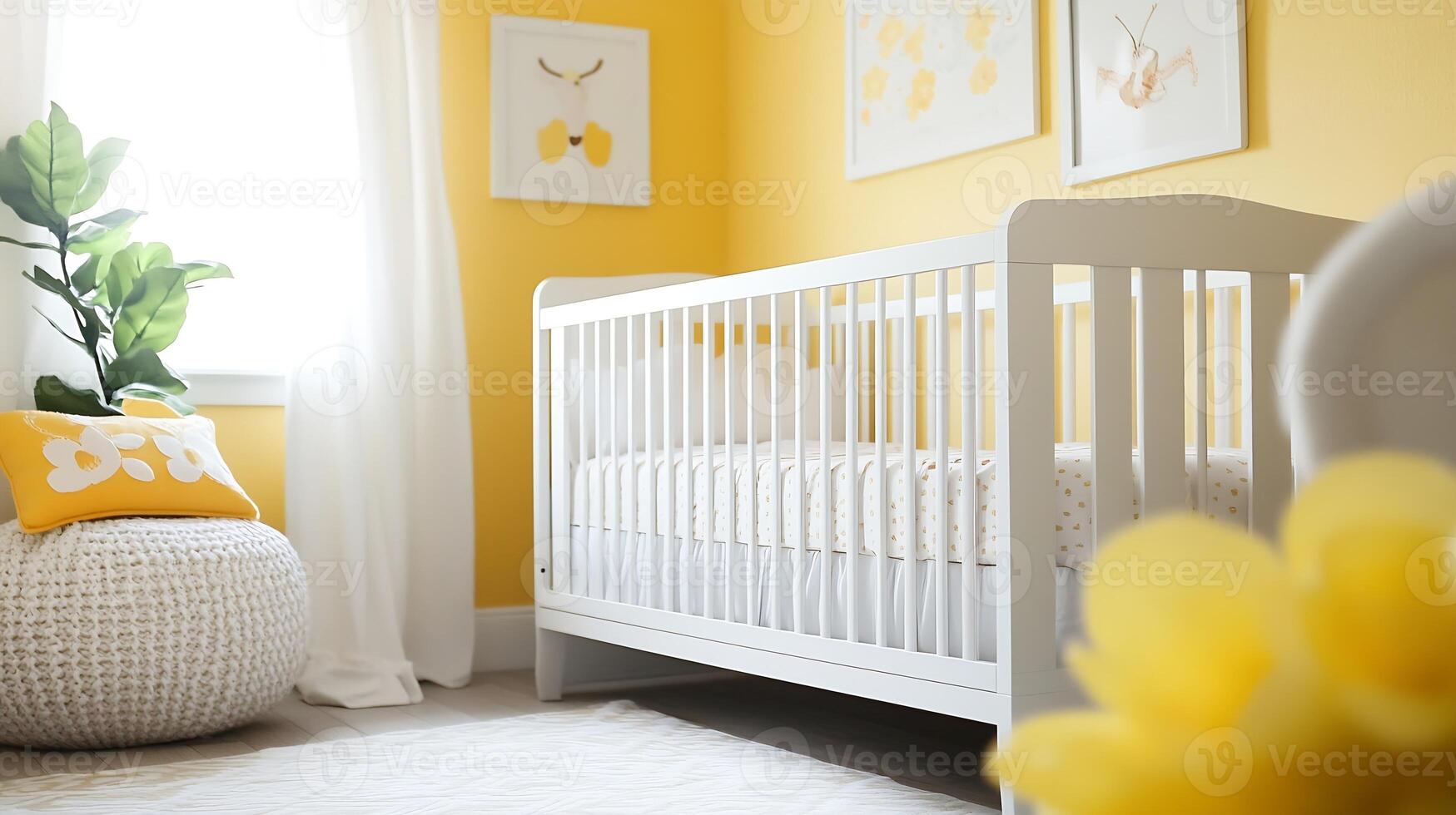 Modern Yellow Nursery with White Crib and Sunlight for a Bright and Cheerful Atmosphere photo