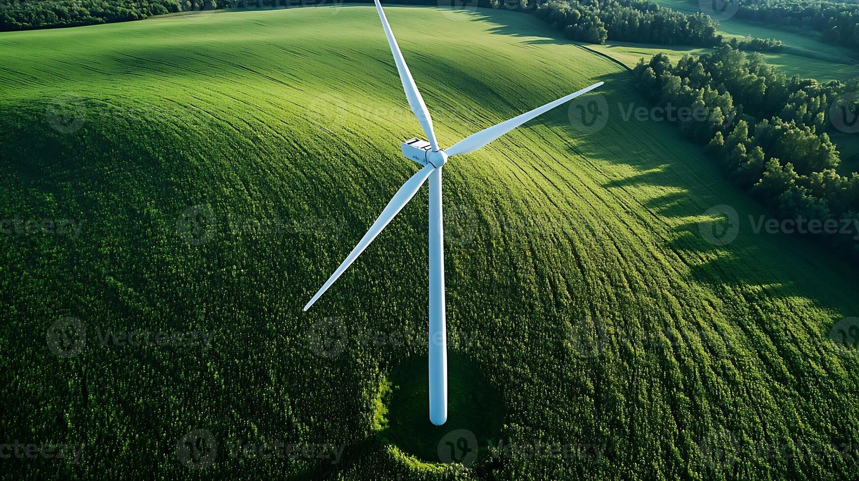 Aerial View of a Wind Turbine Amidst Lush Green Fields with Shadows Cast by the Evening Sun photo