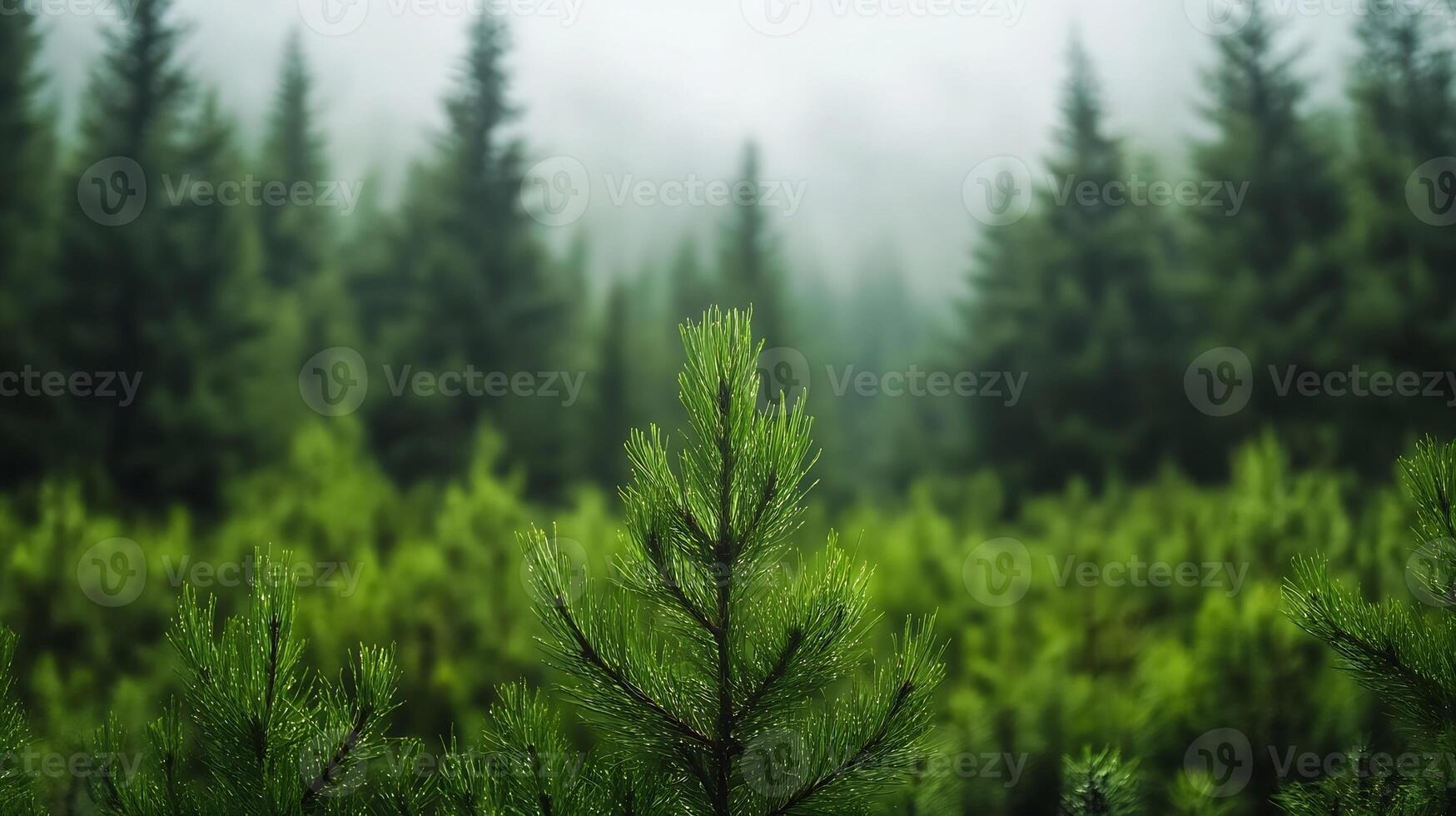 Lush Evergreen Forest Shrouded in Mist on a Tranquil Morning photo