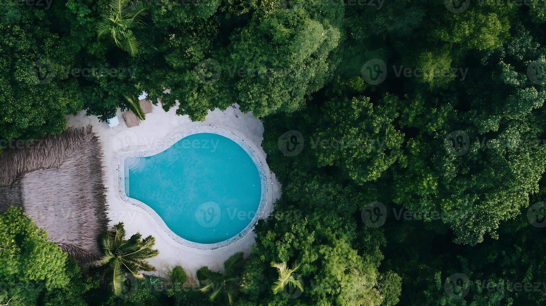 Aerial View of Secluded Tropical Pool Surrounded by Dense Lush Forest photo