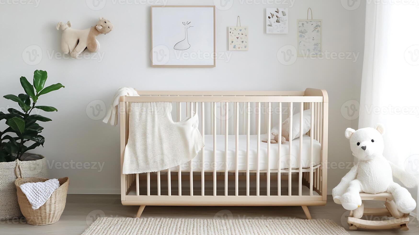 Charming Minimalist Scandinavian Nursery with Wooden Crib and Soft Decor Accents photo
