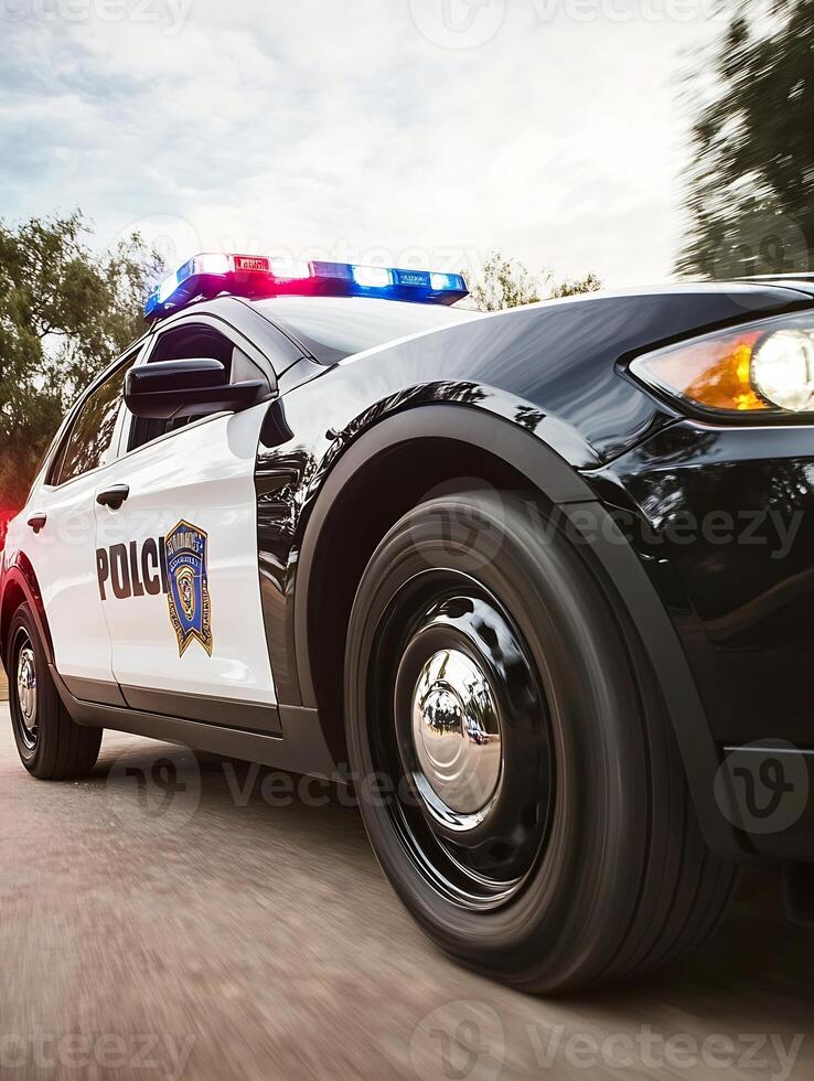 Dynamic Police Car in Motion During Daytime Speeding on Active City Street photo