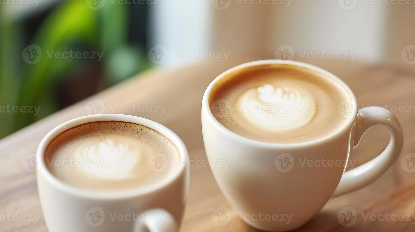 Close-up of Two Cappuccino Mugs with Beautiful Latte Art on Wooden Table photo