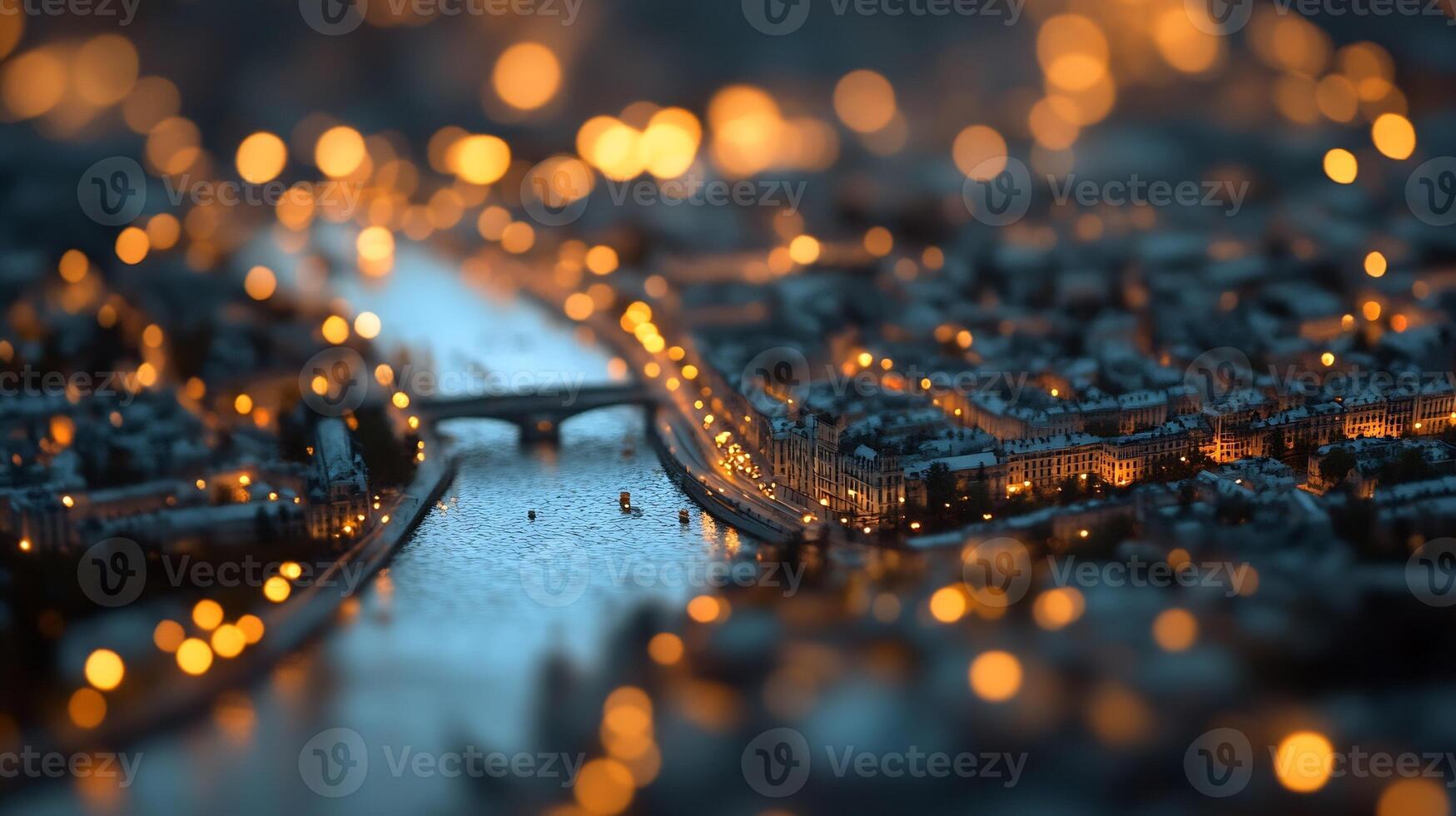 Illuminated River Cityscape at Night with Bokeh Lights and Architectural Grace photo