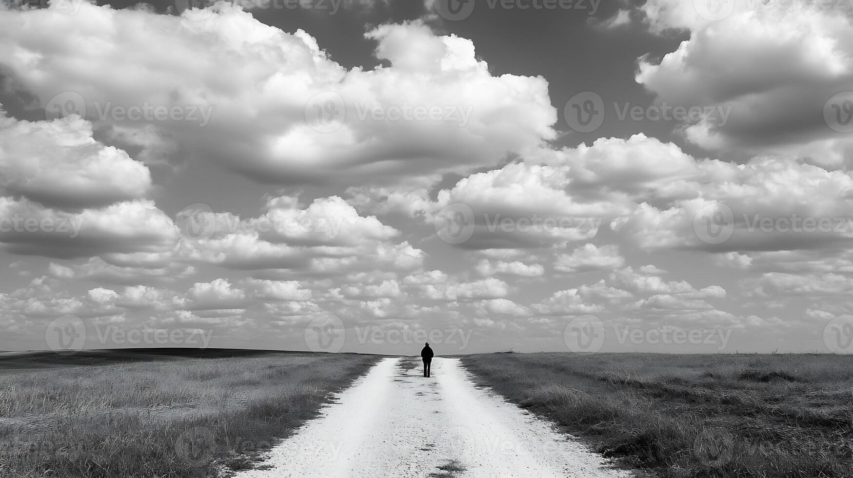 Solitary Figure Walking on Rural Path Under Expansive Cloudy Sky in Black and White photo