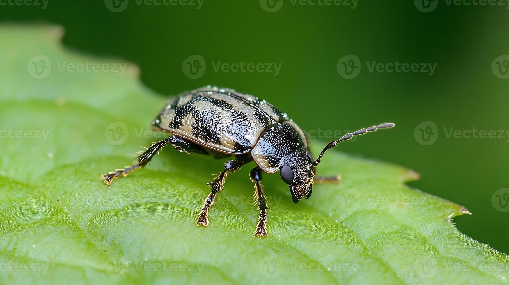 Macro close-up of beetle on green leaf with textured pattern and detailed antennae in natural outdoor setting photo