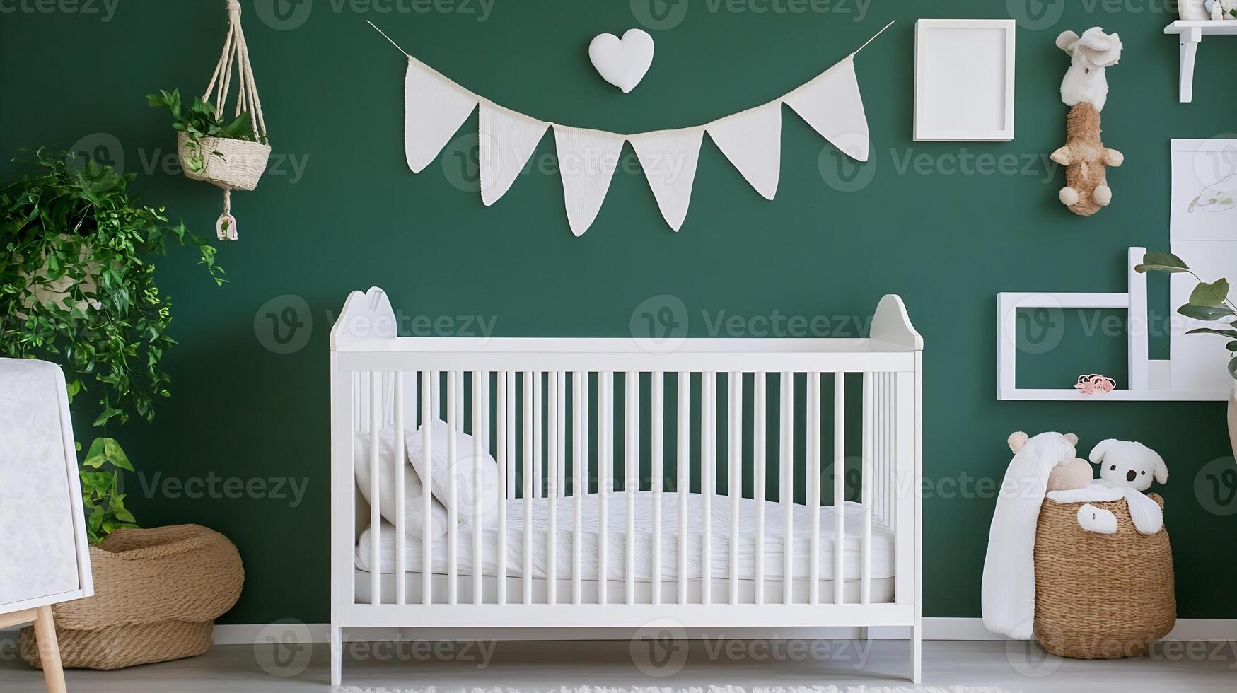 Cozy Green Themed Nursery with White Crib Heart Shaped Wall Decor and Plush Toys photo
