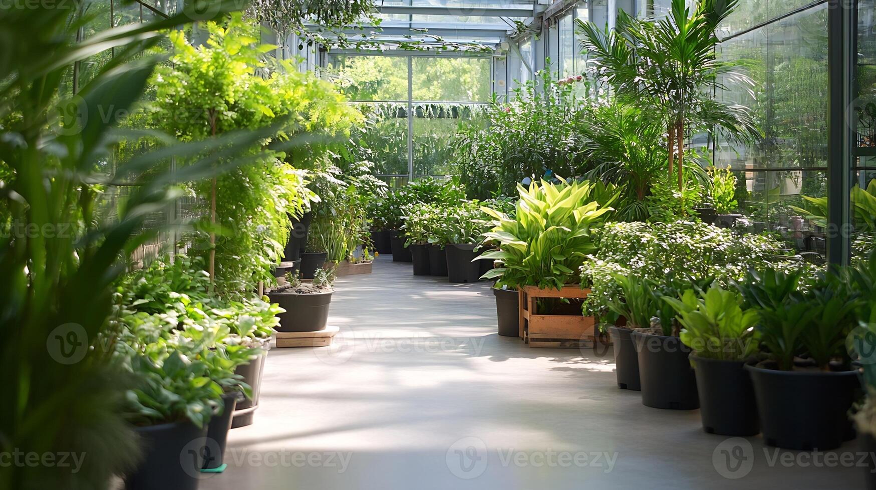 Lush indoor greenhouse with diverse tropical plants and trees in serene natural environment with soft sunlight photo