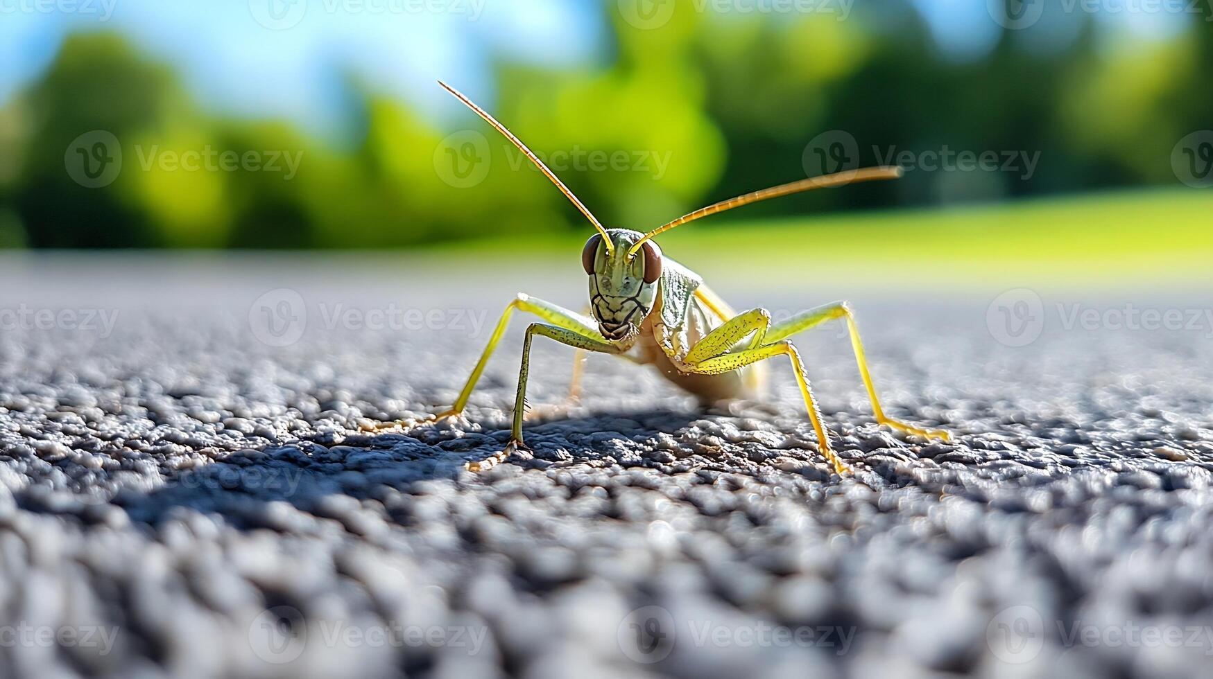 Grasshopper on Carpet in Sunny Outdoor Setting with Nature Inspired Background photo