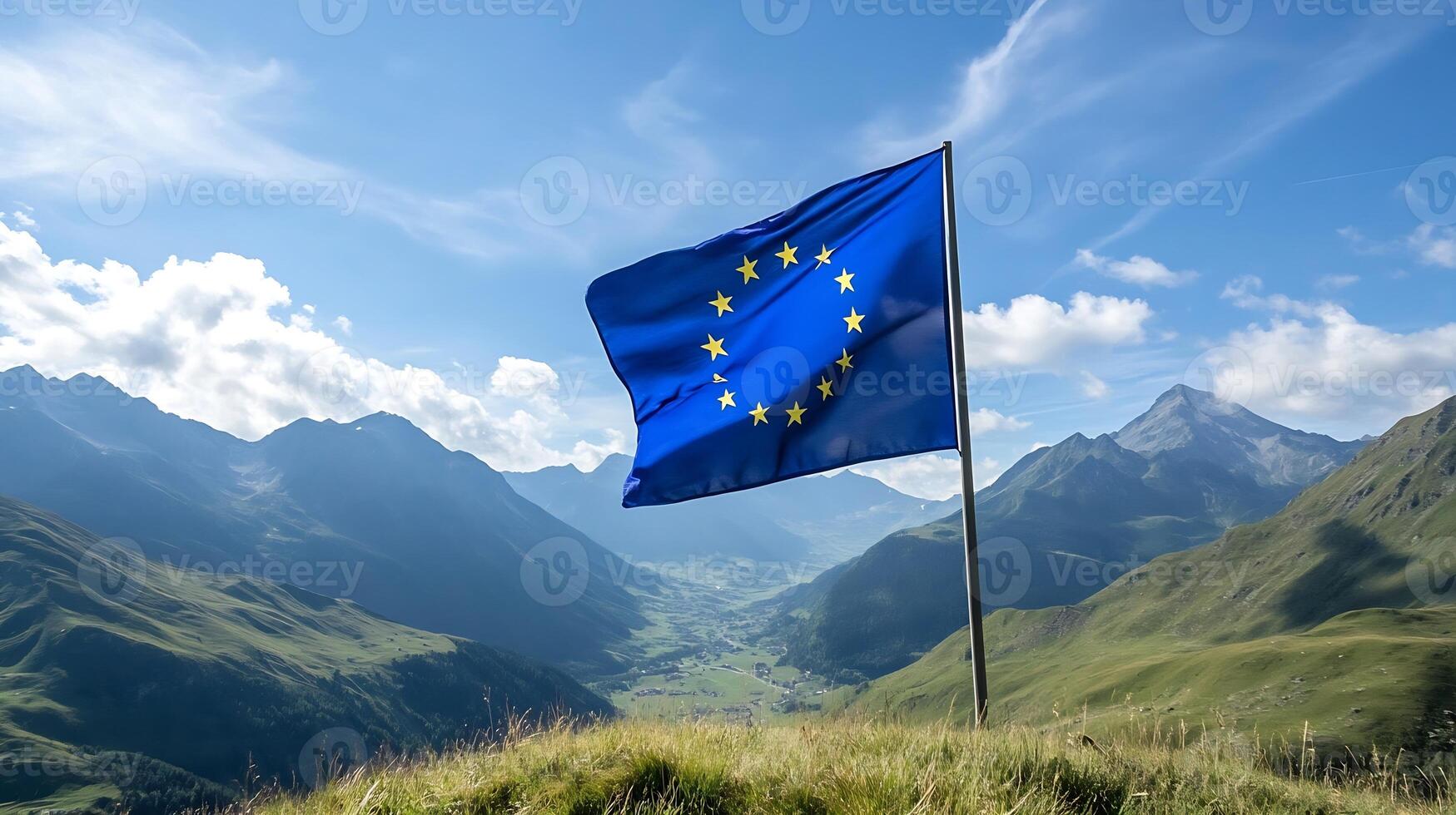 European Union Flag on Pole with Mountain View in Daylight photo