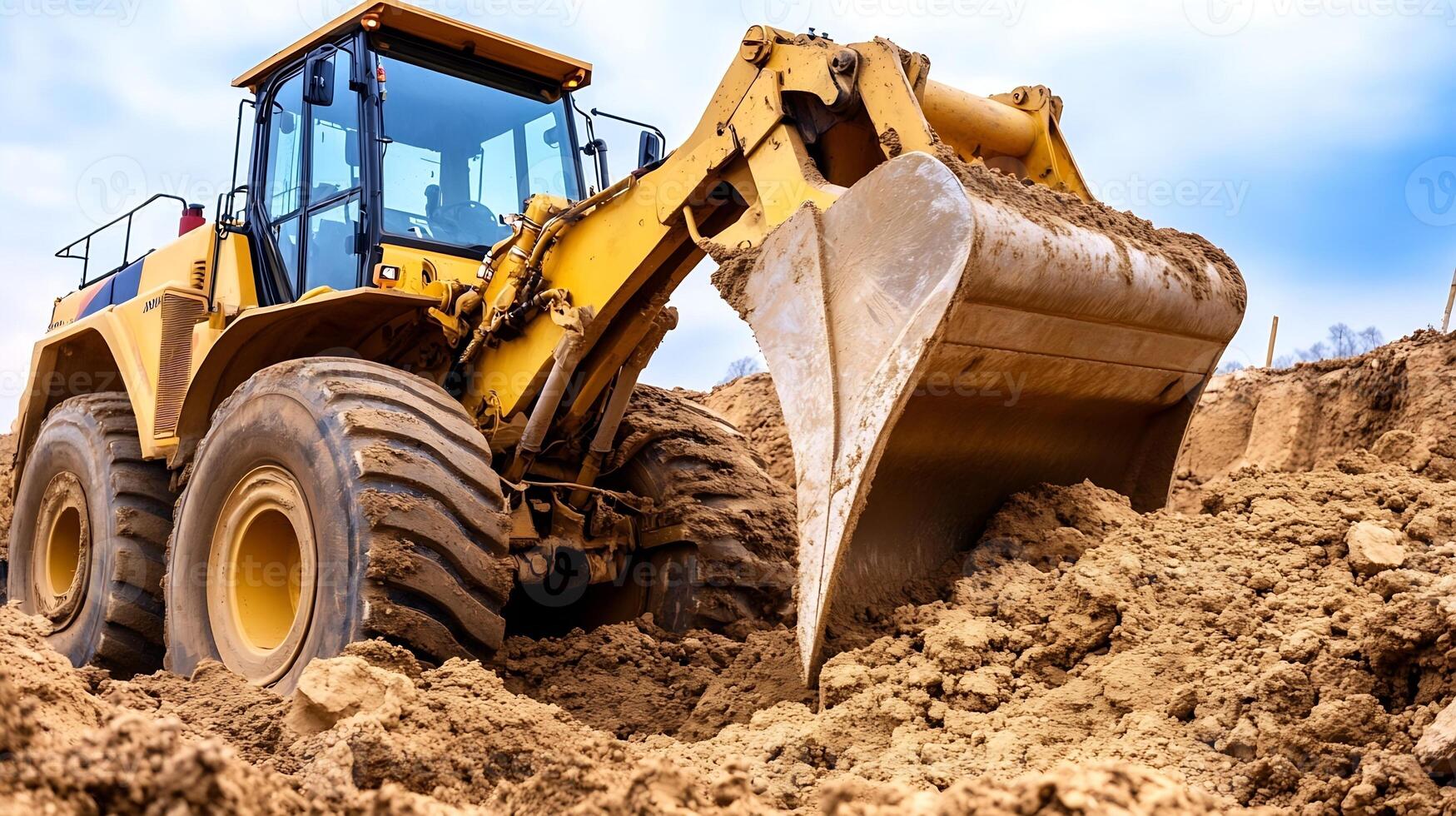 Powerful construction bulldozer in action moving earth on a building site during ground preparation photo