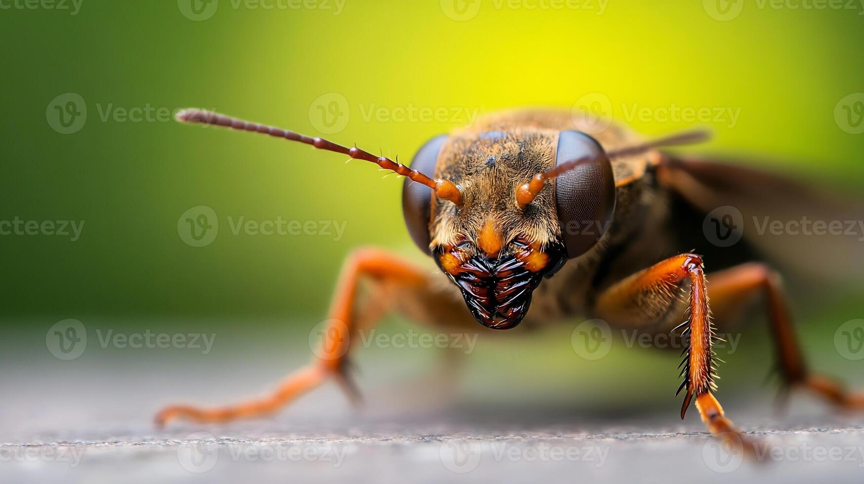 Close-up of a predatory insect with textured body set against a blurred green background photo