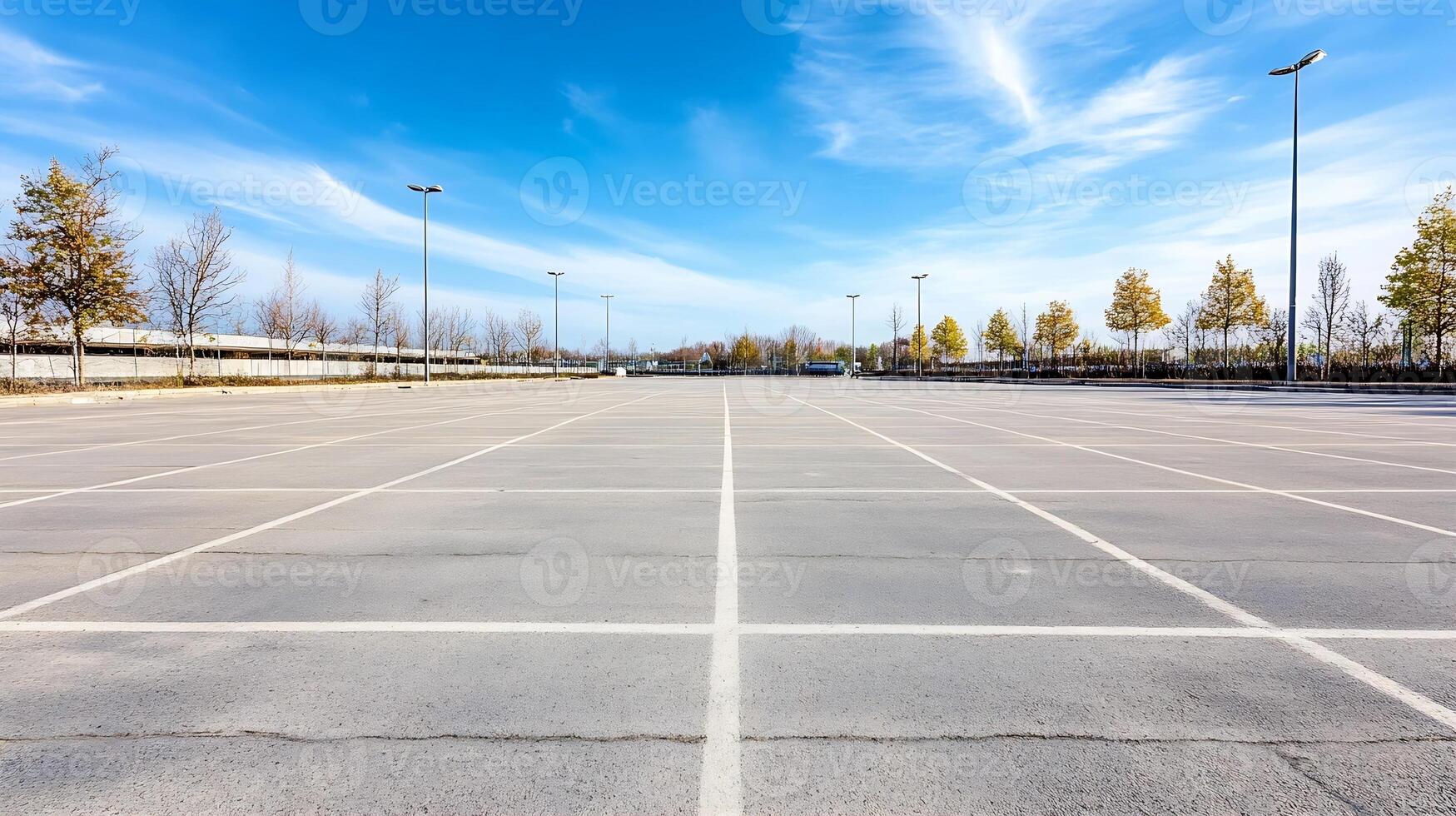 Vast Empty Parking Lot Under Clear Blue Sky with White Line Markings and Trees photo
