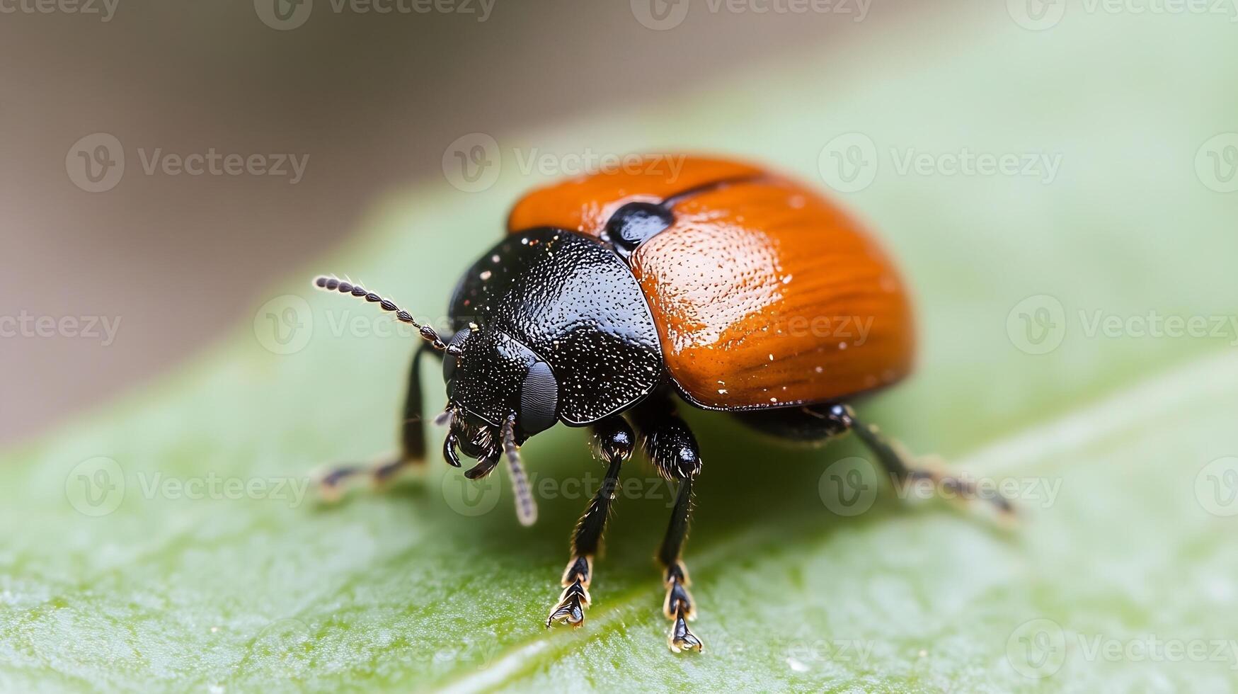 Close-up Macro Shot of Vibrant Red Leaf Beetle on Green Leaf Surface photo
