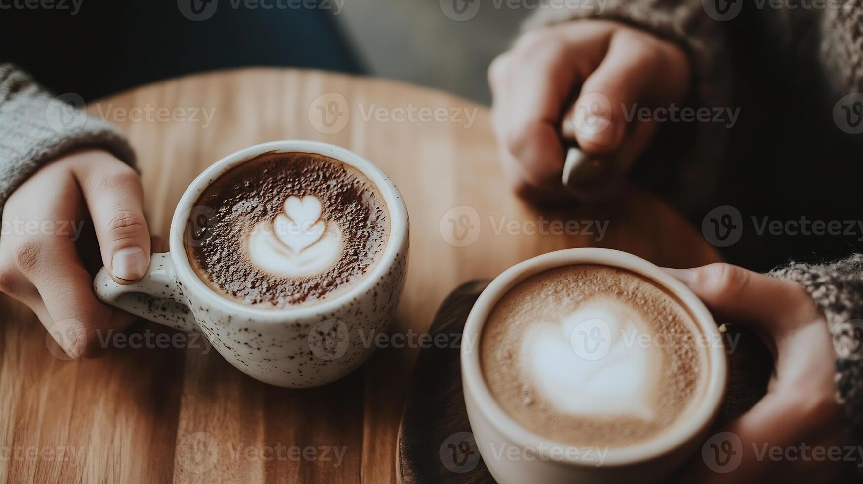 Hands Holding Artistic Lattes with Heart Shaped Foam on Cozy Coffee Date Setting photo