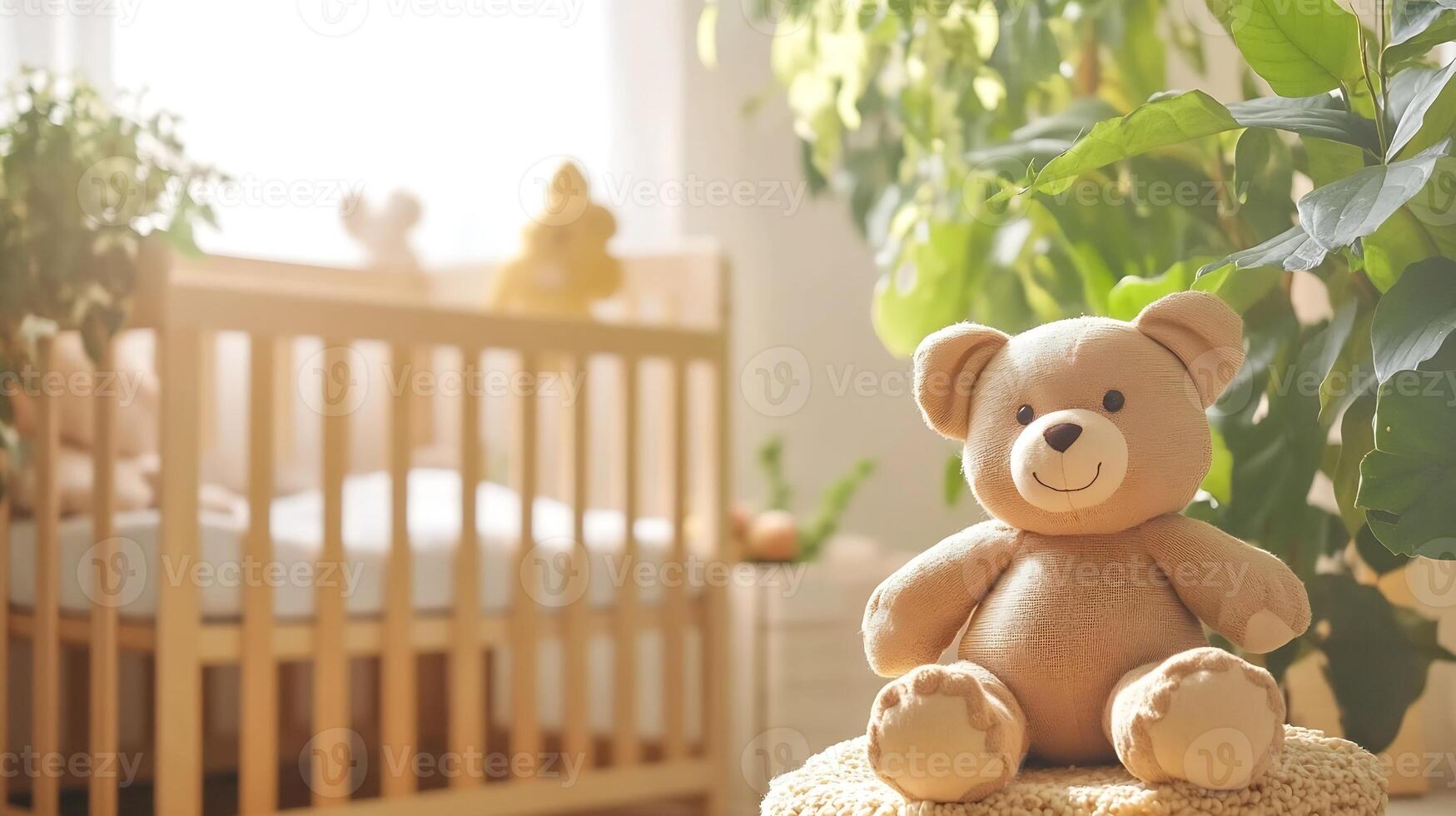 Charming Nursery Background Featuring Plush Teddy Bear Toy Amidst Lush Greenery and Wooden Crib photo