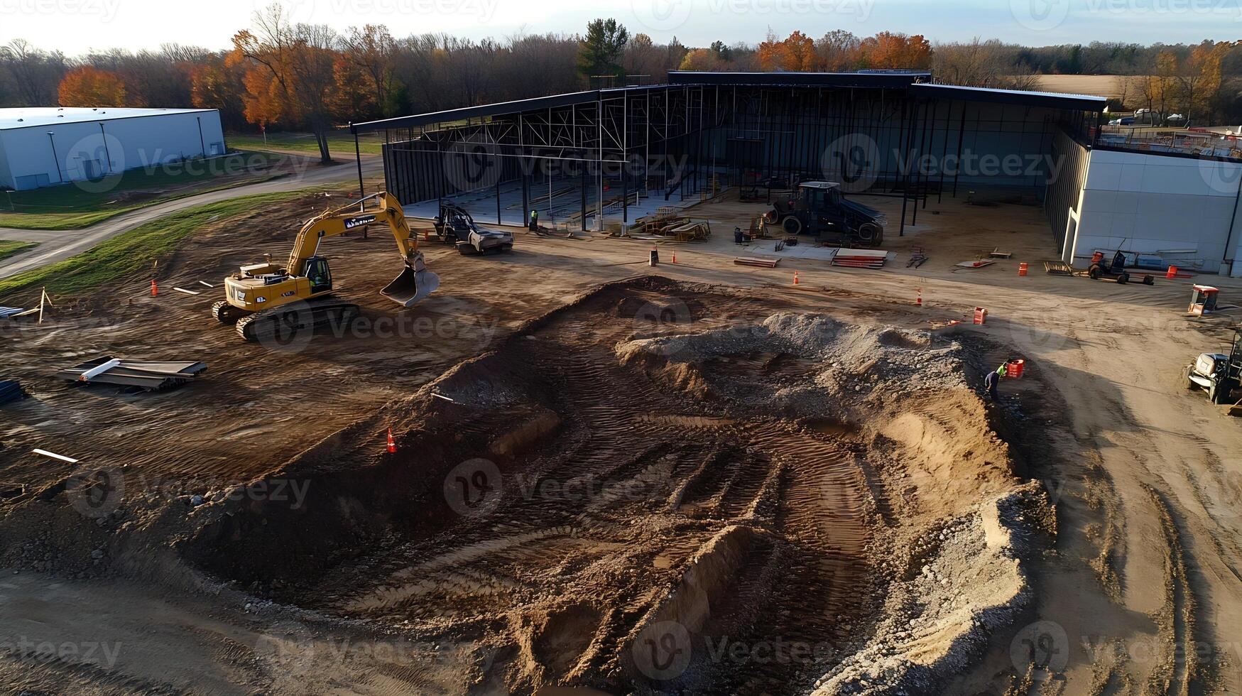 Aerial View of Bulldozer at Construction Site with Progressing Building Structure photo