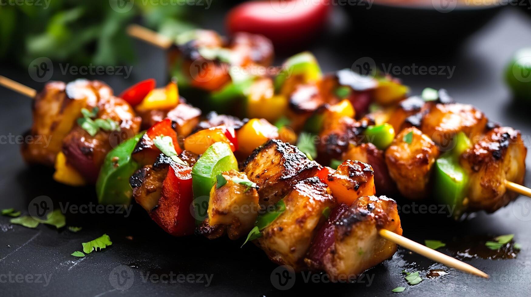 Grilled Vegetable Skewers on Plate with Cilantro on a Dark Background photo