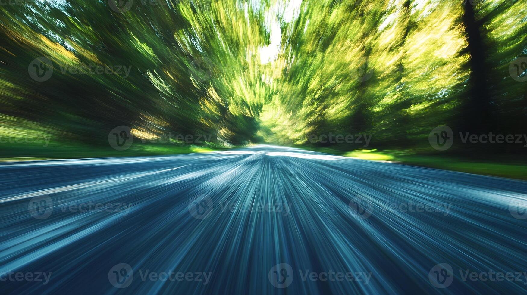 Blurred motion abstract of forest road with lush green trees perfect for nature speed landscape photo