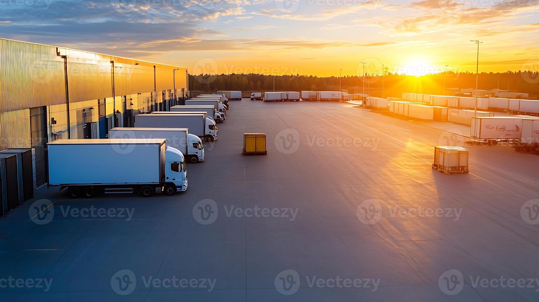 Logistics Distribution Center with Trucks Lined Up at Loading Docks During Vibrant Sunset photo
