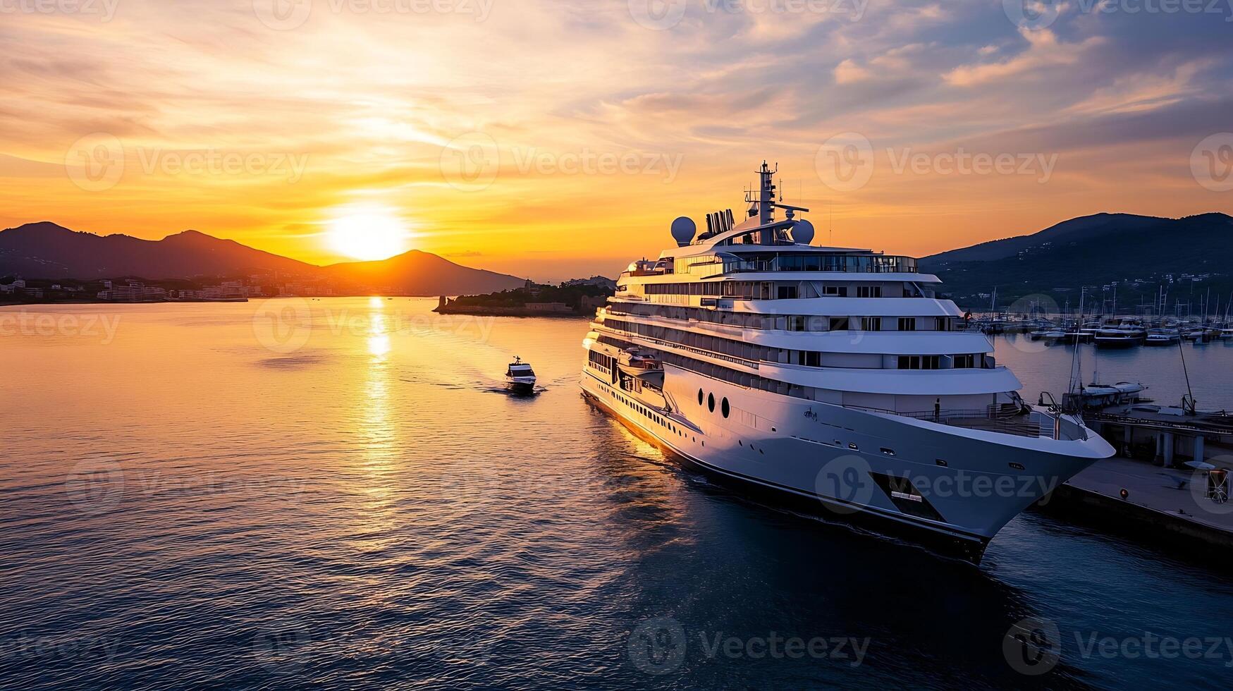 Sunset Cruise Ship in Harbor with Majestic Mountains and Vibrant Sky View photo
