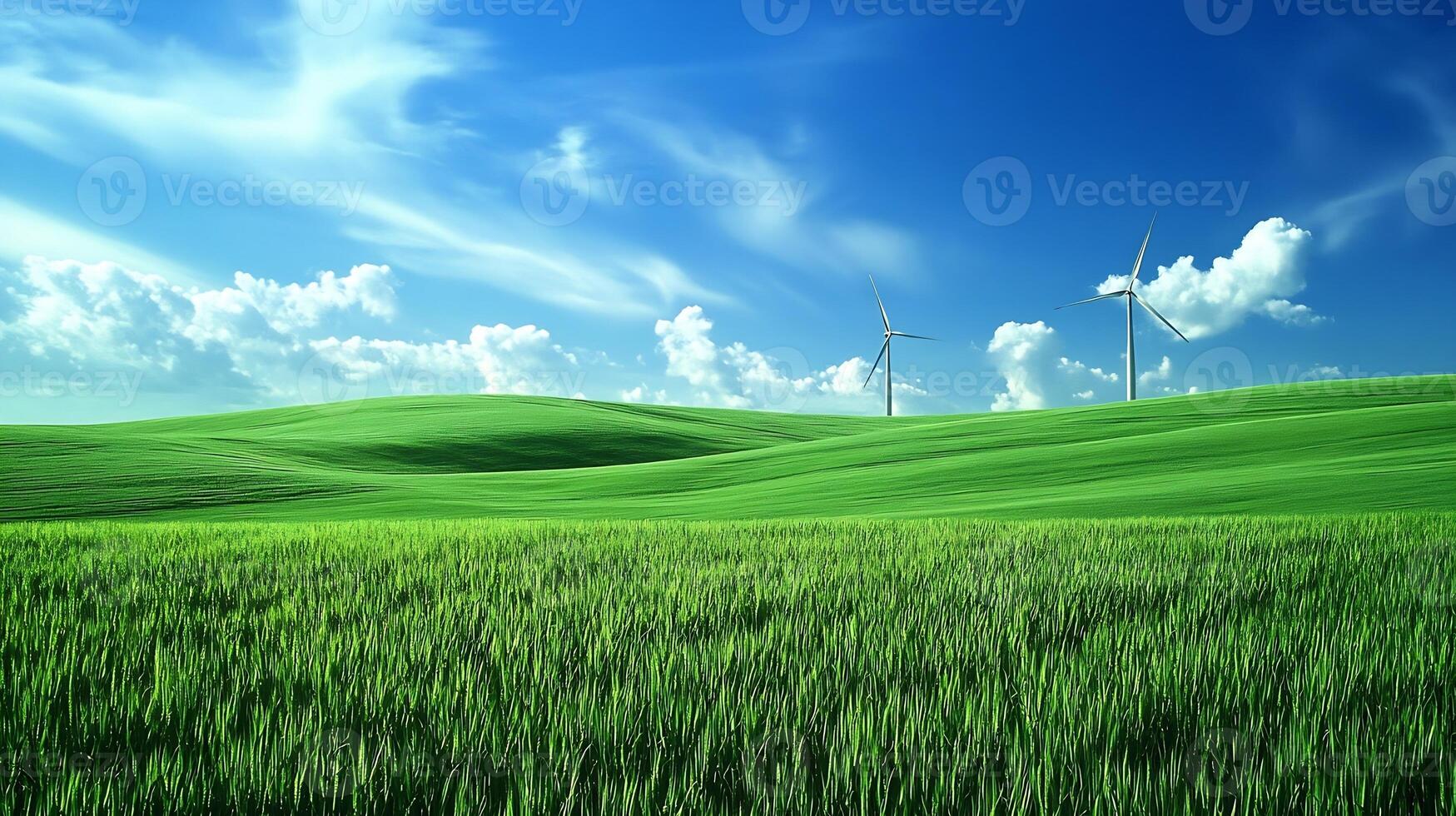 Vibrant Green Pasture with Wind Turbines Under Dynamic Cloudy Skies photo