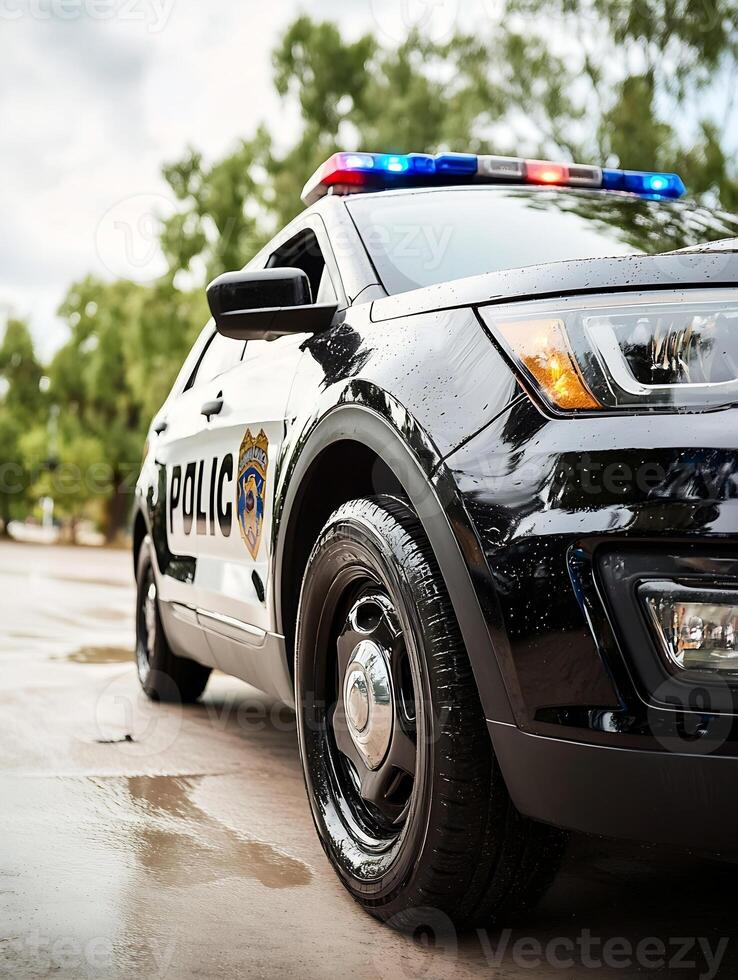 Black Police Cruiser Stands Ready in Urban Environment After Rain photo