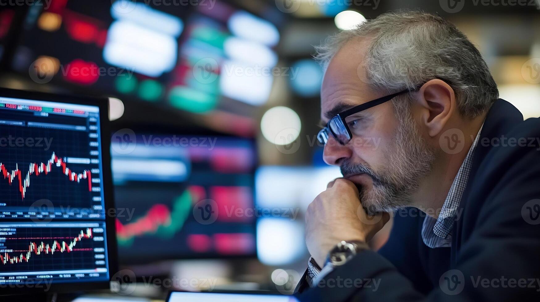 Focused Trader Analyzing Stock Market on Multiple Computer Screens photo