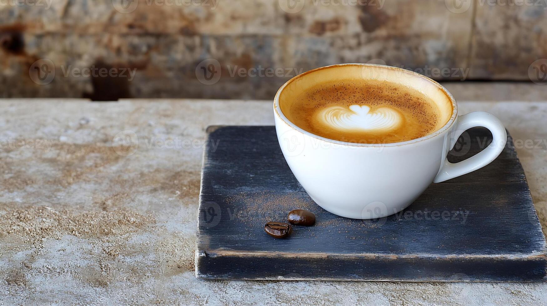 White Ceramic Coffee Cup with Frothy Latte Art on Rustic Surface photo